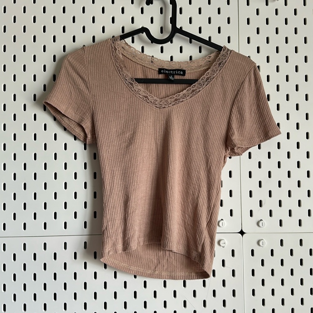 Electric Family Women's Brown Lace Trim Tee